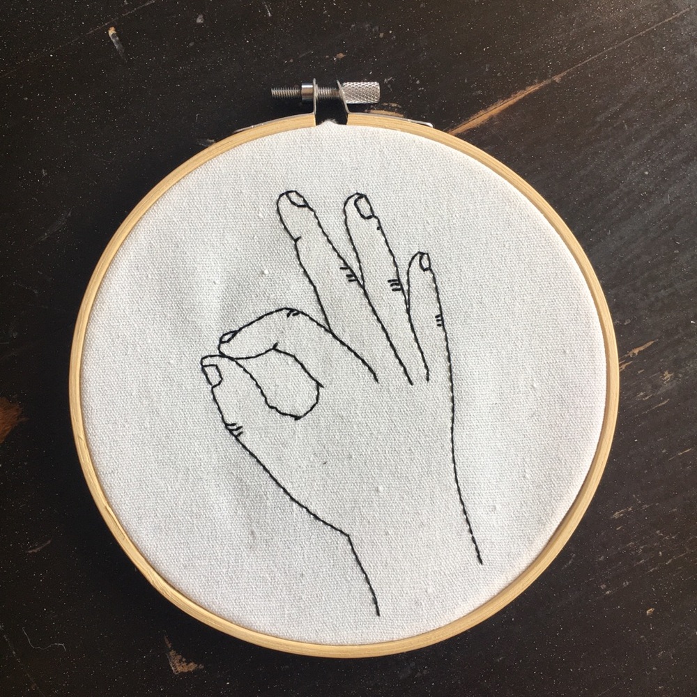 Embroidered Cross Stitch Hoop - Okay Hand Symbol